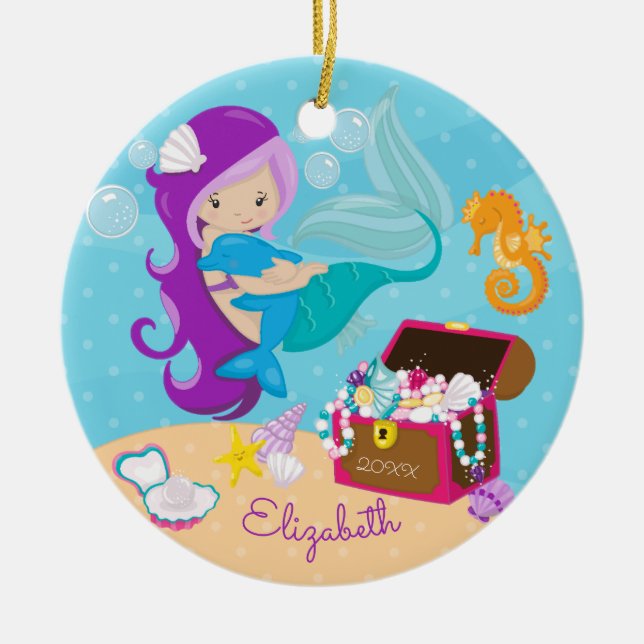 Ornement mignon de Noël de sirène et de dauphin (Devant)