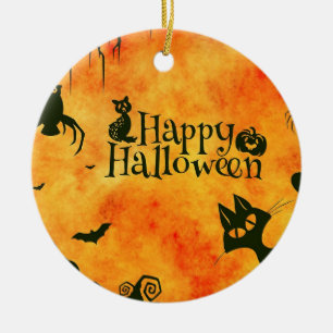 Ornement noir heureux de Halloween Kitty rond