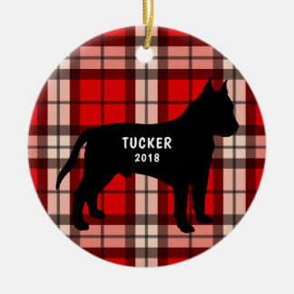 Ornement noir rouge de Noël de plaid de pitbull
