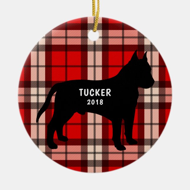 Ornement noir rouge de Noël de plaid de pitbull (Devant)