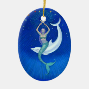 Ornement ovale de Noël de sirène de lune de