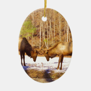 Ornement Ovale En Céramique 2~ deux Bull Elk dans la neige