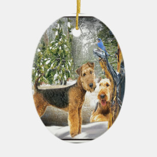 Ornement Ovale En Céramique Airedale Terrier Cadeaux de la Journée d'hiver