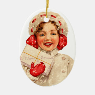 Ornement Ovale En Céramique Ancien Noël, Fille
