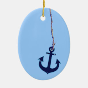 Ornement Ovale En Céramique ancre de bleu marine