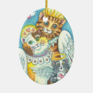 Ornement Ovale En Céramique Angel Cat Famille PURRS EN HEAVEN VACANCES ORNAMEN