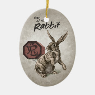 Ornement Ovale En Céramique Année de l'art chinois de zodiaque de lapin