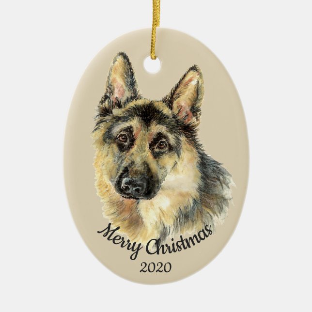 Ornement Ovale En Céramique Aquarelle personnalisée de Noël berger allemand (Devant)