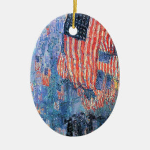 Ornement Ovale En Céramique Avenue dans la pluie par Frederick Childe Hassam