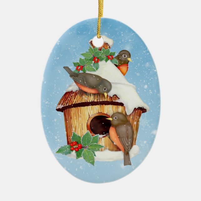Ornement Ovale En Céramique Birds et Birdhouse d'hiver - Personnaliser (Devant)