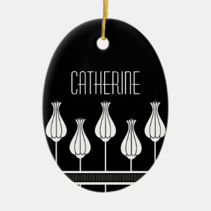 Ornement Ovale En Céramique Black and White Art Deco Floral Oval Ornament