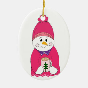 Ornement Ovale En Céramique Bonhomme de neige fille en toque rose