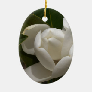 Ornement Ovale En Céramique bourgeon de fleur de magnolia du sud blanc