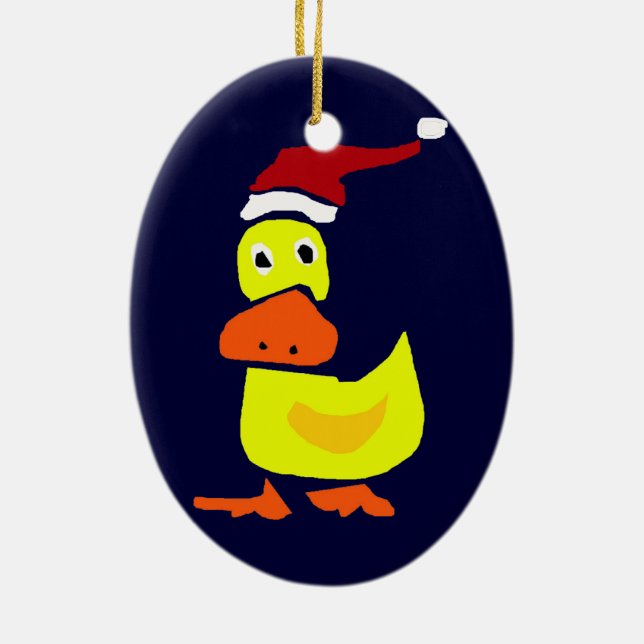 Ornement Ovale En Céramique Canard jaune mignon dans le casquette de Père Noël (Dos)