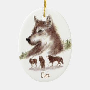 Ornement Ovale En Céramique Carton personnalisé, Aquarelle Loups & Wolf