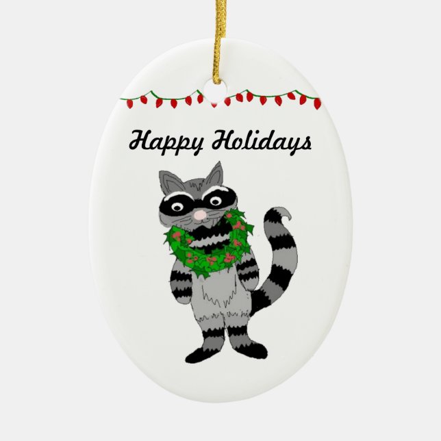 Ornement Ovale En Céramique Cartoon Raccoon Decked pour les fêtes (Devant)