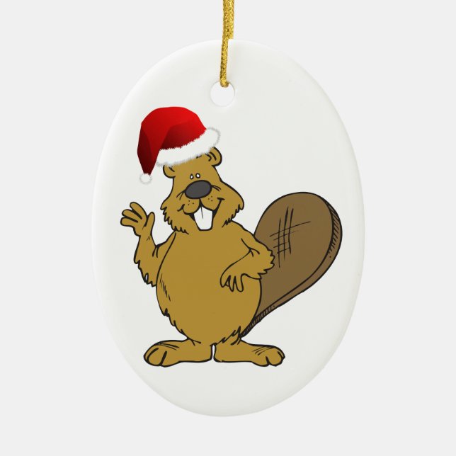 Ornement Ovale En Céramique Casquette mignon de père Noël de castor (Devant)