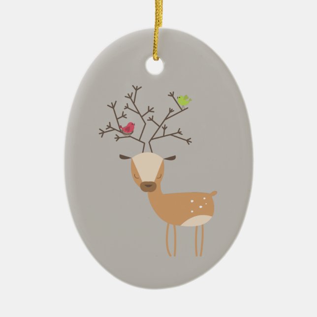 Ornement Ovale En Céramique Cerf de Noël aux oiseaux (Devant)