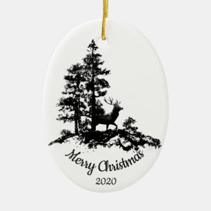 Ornement Ovale En Céramique Cerf de Noël en forêt