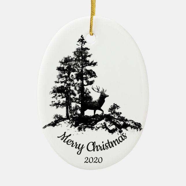Ornement Ovale En Céramique Cerf de Noël en forêt (Devant)