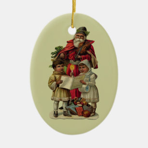 Ornement Ovale En Céramique Chant vintage de musique de Noël Père Noël