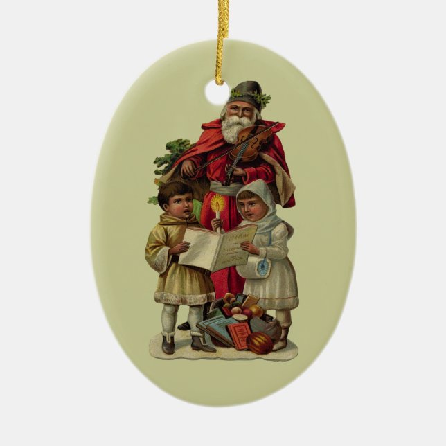 Ornement Ovale En Céramique Chant vintage de musique de Noël Père Noël (Devant)