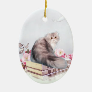 Ornement Ovale En Céramique Chat et livres perses