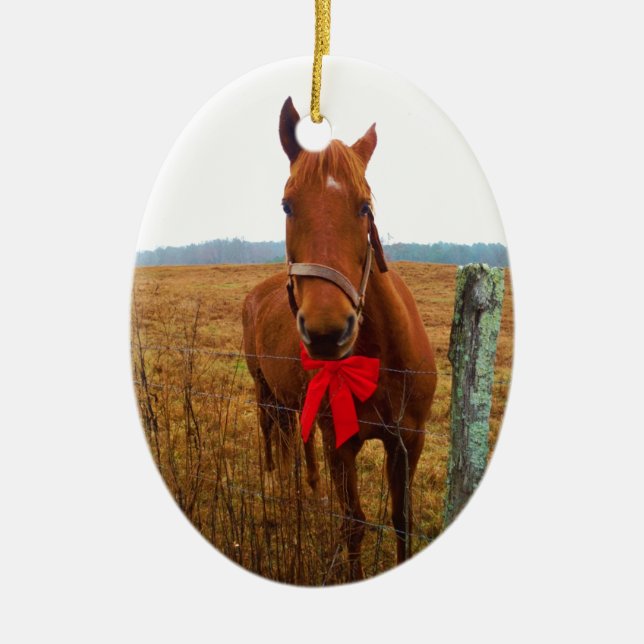Ornement Ovale En Céramique Cheval de Noël à arc rouge (Devant)