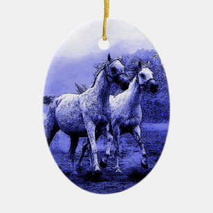 Ornement Ovale En Céramique Chevaux de course et Lune Bleue