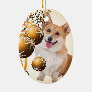 Ornement Ovale En Céramique Corgi rouge et blanc de Noël