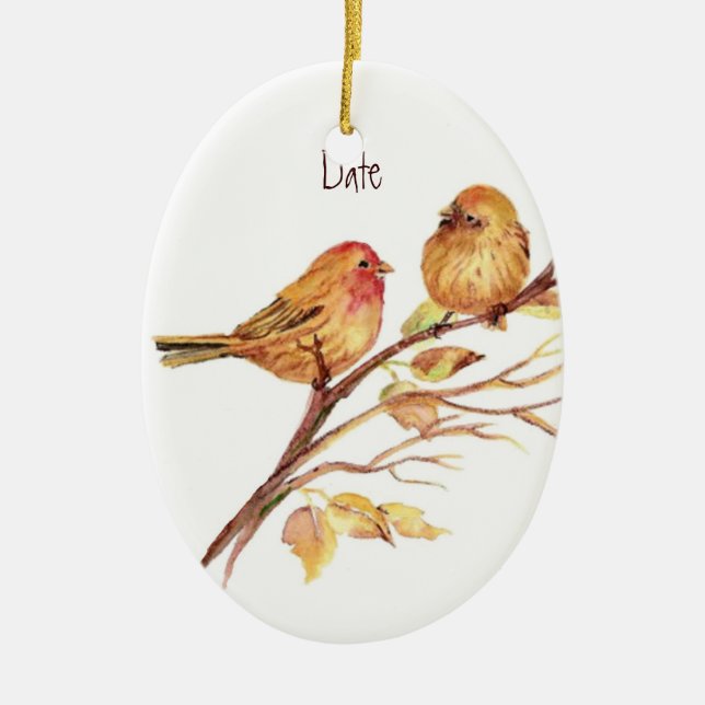 Ornement Ovale En Céramique Couple d'oiseau moelleux avec coutume (Devant)