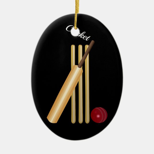 Ornement Ovale En Céramique Cricket - Wicket, chauve-souris et balle (Devant)