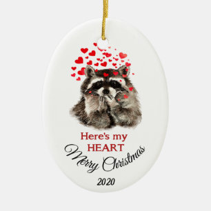 Ornement Ovale En Céramique Custom Dated Christmas Raccoon Voici mon coeur