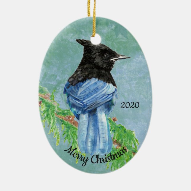 Ornement Ovale En Céramique Custom Dated Christmas Stellar Jay Bird Art (Dos)