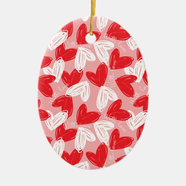 Ornement Ovale En Céramique Cute motif moderne rouge et blanc coeurs (Devant)