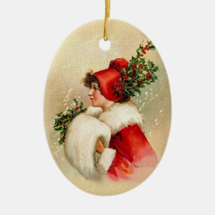 Ornement Ovale En Céramique Dame de Noël Vintage en rouge