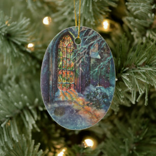 Ornement Ovale En Céramique Eglise de Noël vintage avec vitre en verre