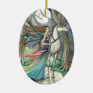 Ornement Ovale En Céramique Fée et licorne ornementale de la forêt des rêves