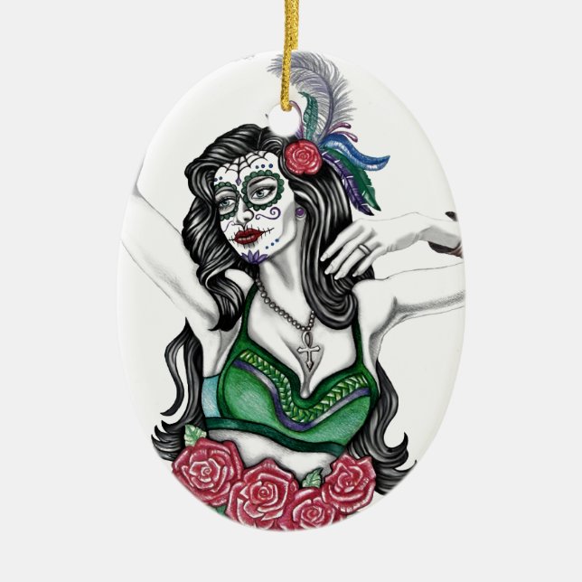 Ornement Ovale En Céramique Femme crâne de sucre avec Rose (Devant)