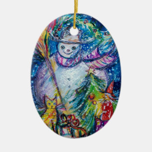 ORNEMENT OVALE EN CÉRAMIQUE FEMME DE NEIGE AVEC ARBRE DE NOËL ET JOUETS