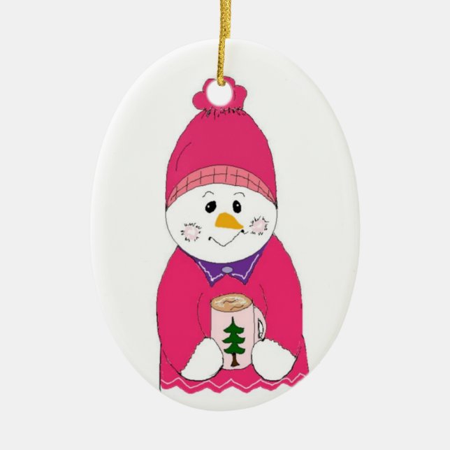 Ornement Ovale En Céramique Fille Snowman en Toque Rose (Devant)