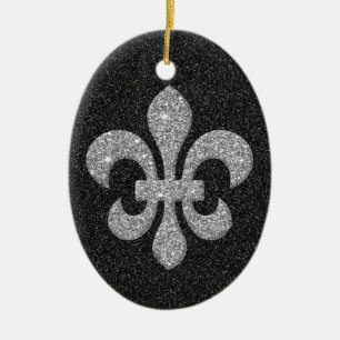 Ornement Ovale En Céramique fleur-De-lis sur l'effet scintillant blanc noir