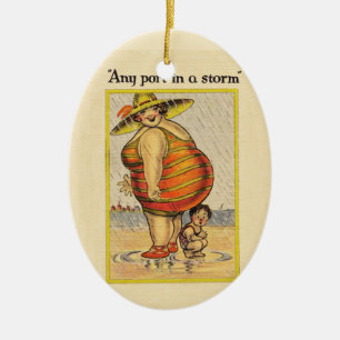 Ornement Ovale En Céramique Funny Fat Lady sur la plage