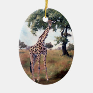 Ornement Ovale En Céramique Girafe tenant l'ornement grand
