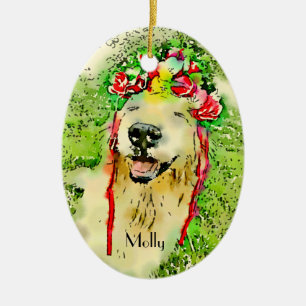 Ornement Ovale En Céramique Golden Retriever Chien à l'aquarelle de la couronn