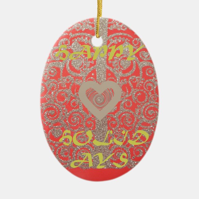 Ornement Ovale En Céramique Happy Holidays Heart Red and Gold Collection (Devant)