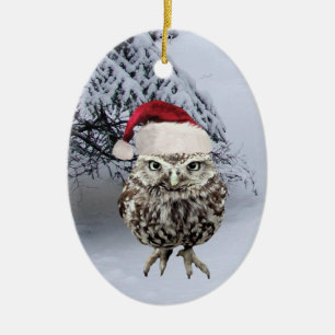 Ornement Ovale En Céramique Hibou de Noël avec l'ornement de casquette de Père