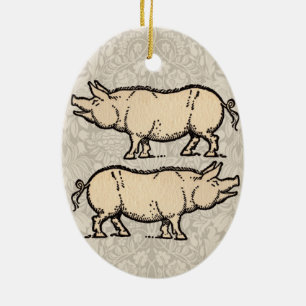 Ornement Ovale En Céramique Illustration de cochon antique mignon vintage