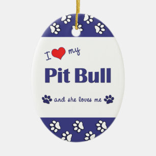 Ornement Ovale En Céramique J'aime mon pitbull (le chien femelle)