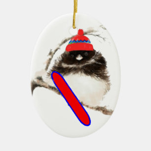 Ornement Ovale En Céramique Joli Snowboard Bird en Casquette, Humour de Noël,